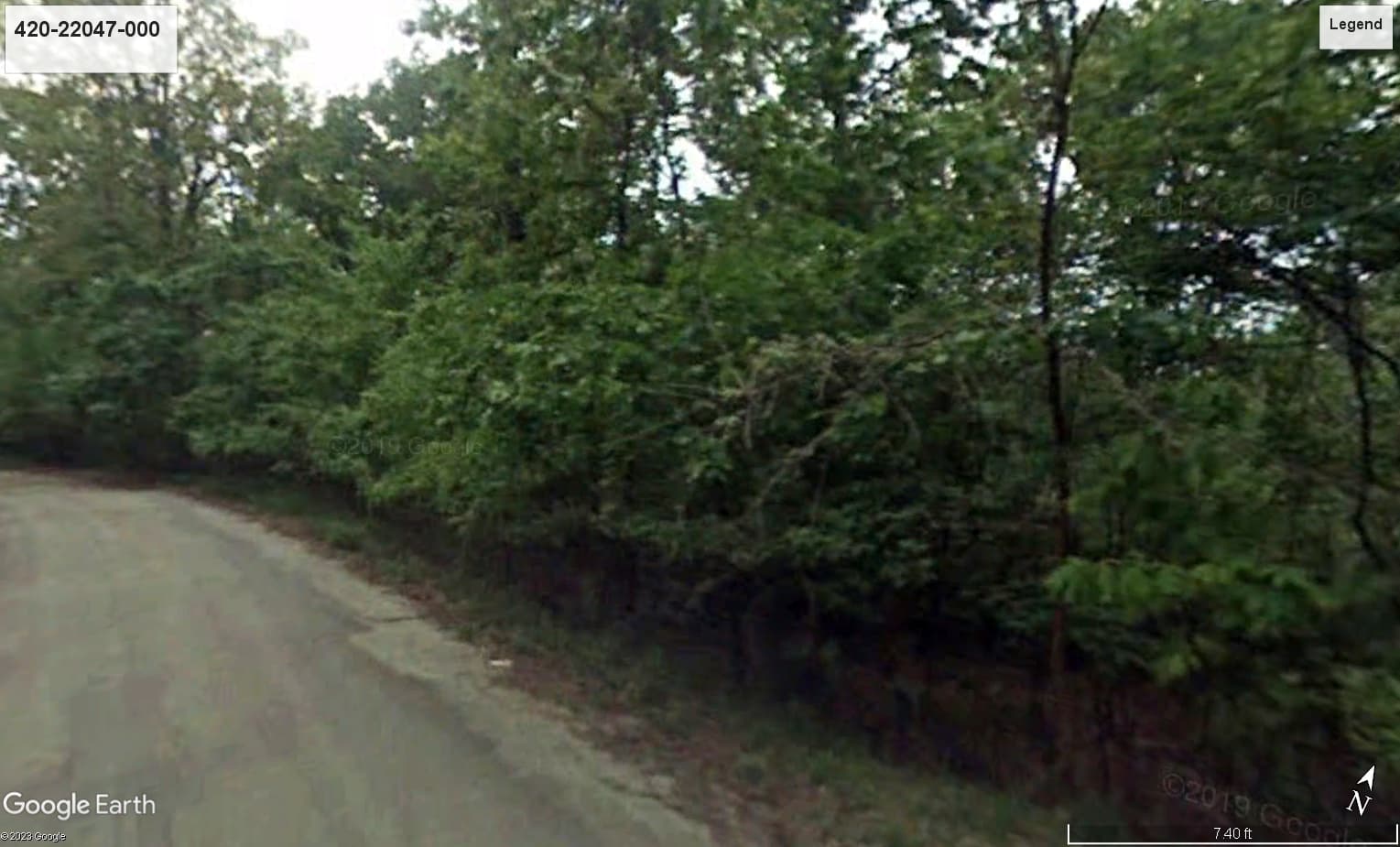 Paved road bordering tall mature trees and dense woodland typical of the Fulton County, Arkansas area.