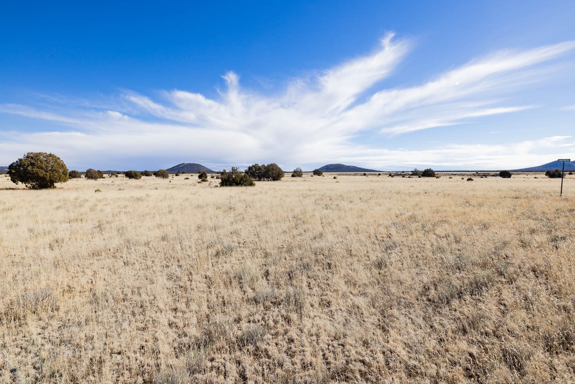 Ground-level shot from the northwest corner across flat land with scattered vegetation in Cibola County, New Mexico.