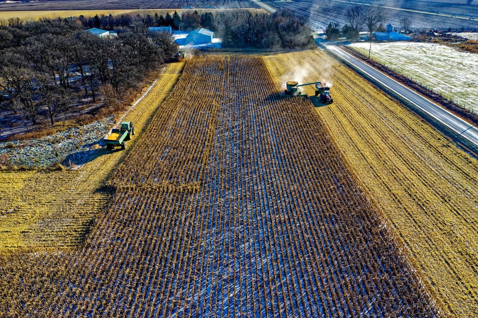 An aerial view of a combine and grain cart harvesting a frost-covered corn field beside a rural road and farmstead