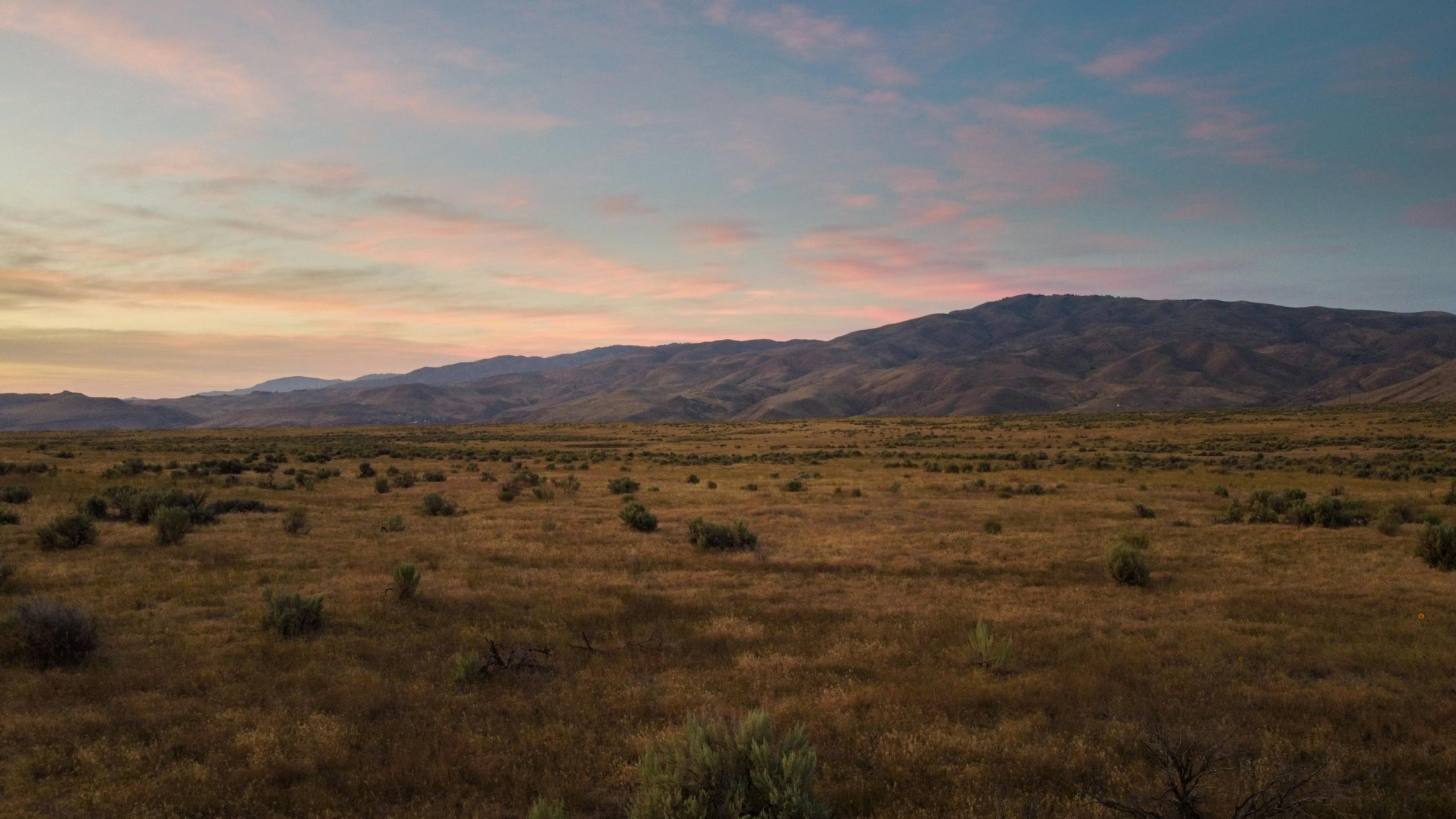 Sagebrush flats running to a low mountain range at dusk, the sky streaked pink and blue.