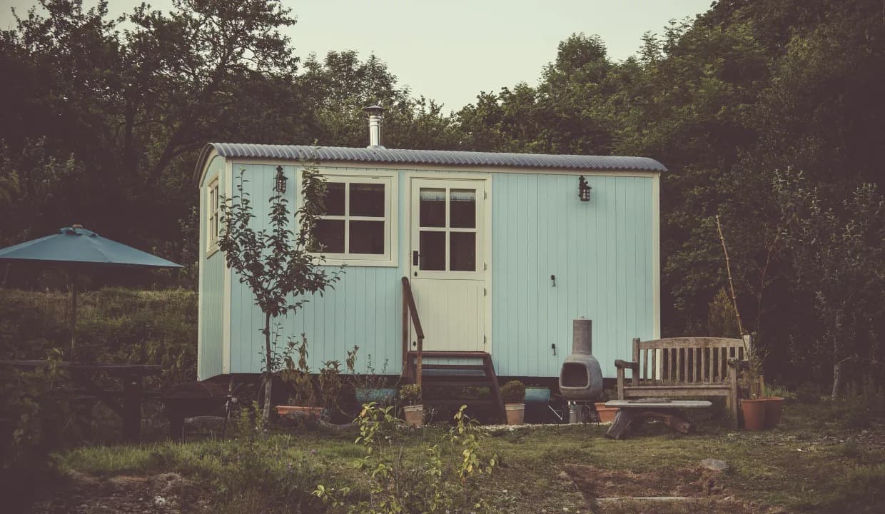 A small pale green cabin with a porch and steps standing in a clearing at the edge of woods.