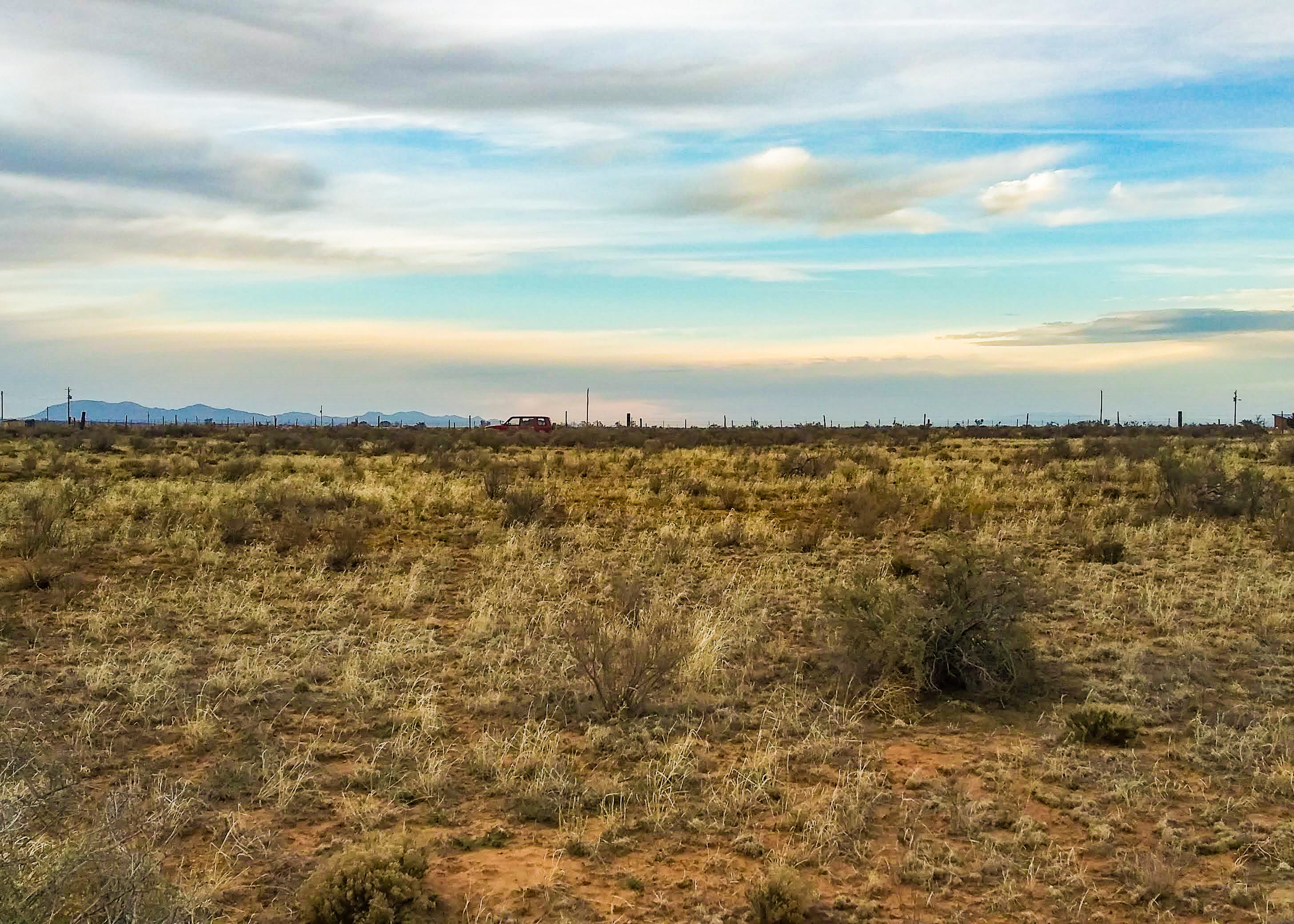 Flat sagebrush grassland with sparse vegetation typical of the Estancia Valley in Torrance County, New Mexico.