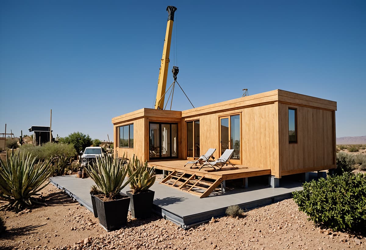 A yellow crane lowering a wood-clad modular home section onto piers on a cleared desert lot