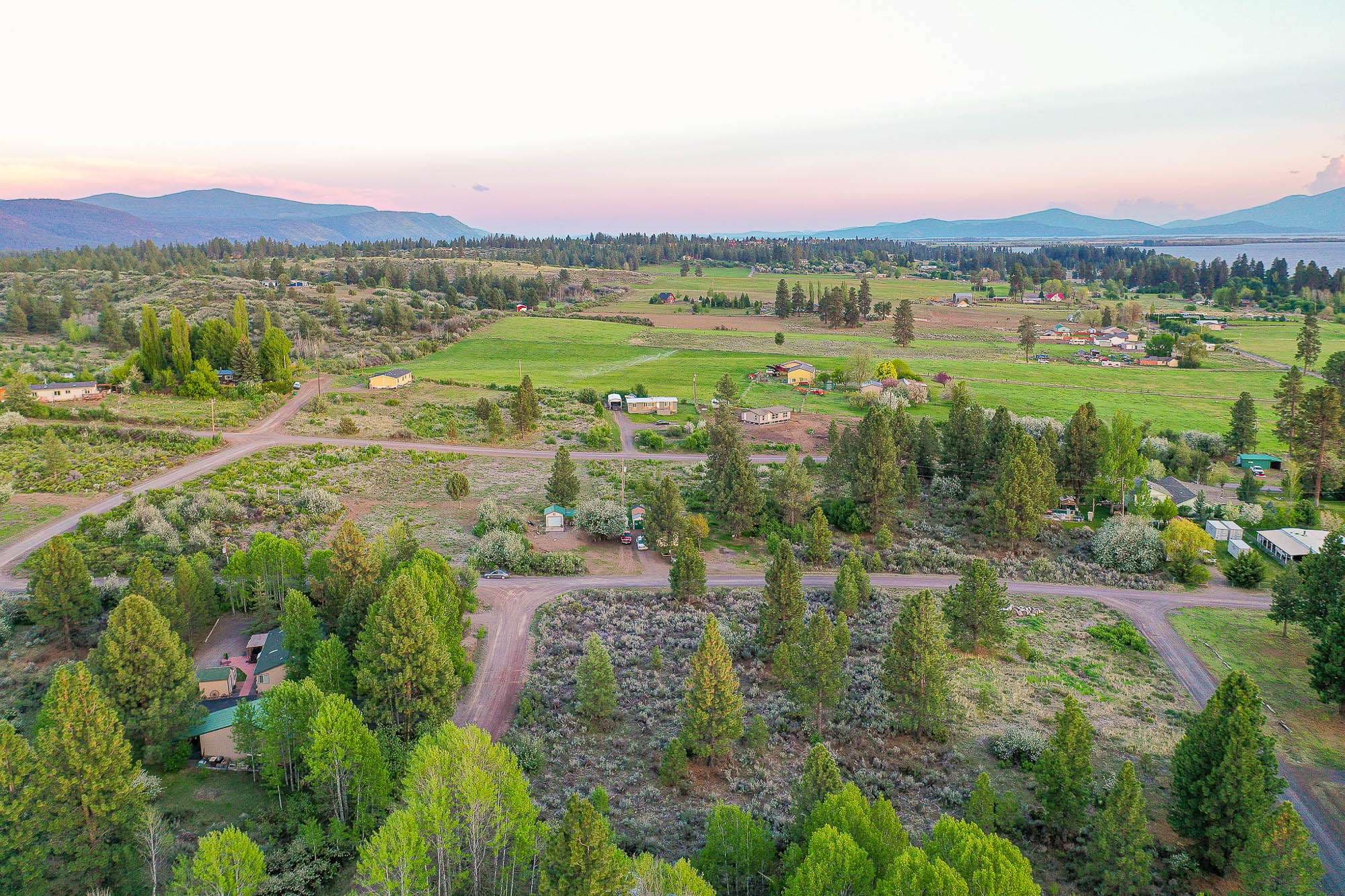Aerial view of pastoral Klamath Basin land in evening light